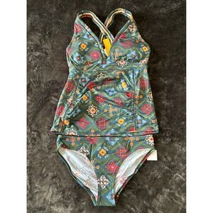 A Pea in the Pod Maternity Tankini Swimsuit Set Teal Floral UPF 50+ Small NWT